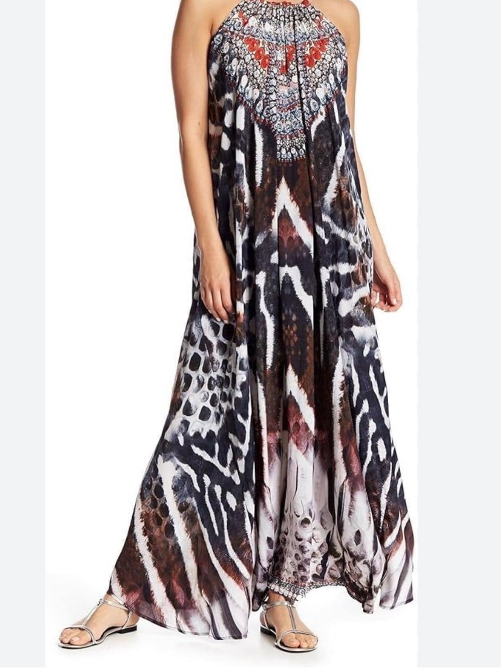La Moda Animal Print Rhinestone Halter Maxi Dress Brown White Large